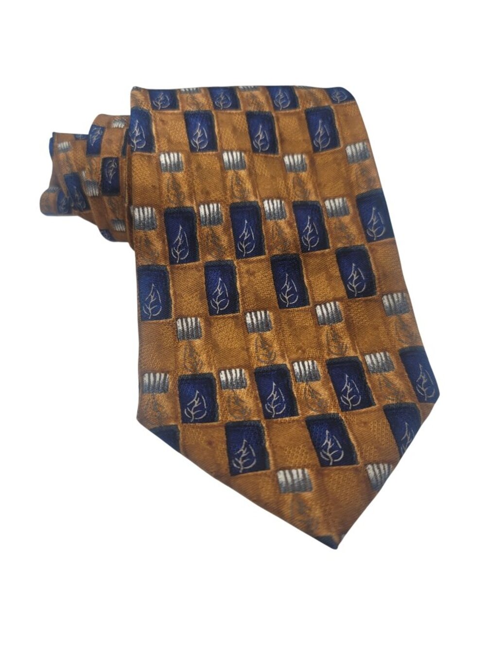 Handcrafted J.Z. Richards Parisian All Silk Tie Gold & Navy Blue Leaf Pattern